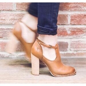 Frye Jillian Ankle Strap Booties Tan Leather Block Heel d'Orsay Shoes Womens sz9